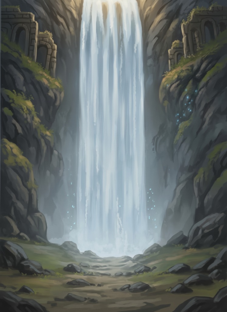 A towering waterfall between mossy cliffs and old stone ruins, the gateway to Eldara