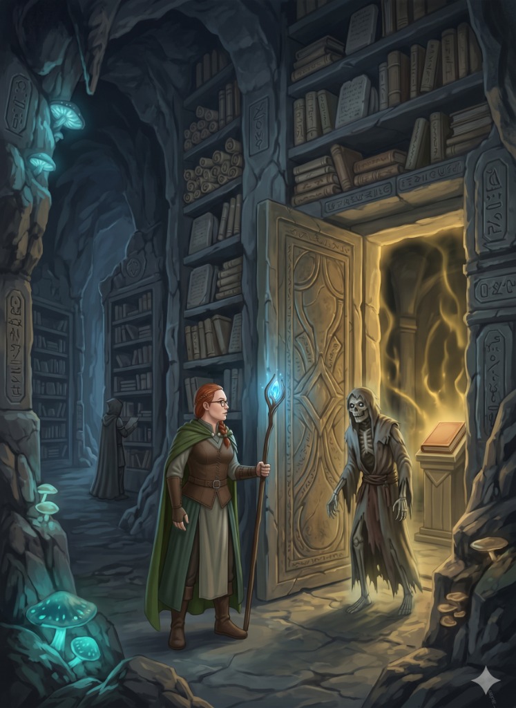 Painted scene of the Vault of Names, a wight at an open door